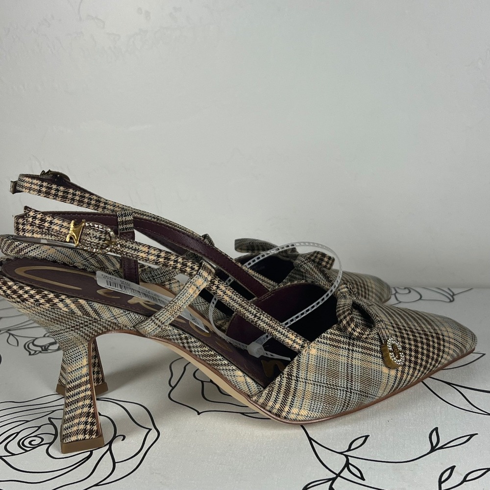 Circus by Sam Edelman Monica Plaid Slingback Pumps Kitten Heel Bow Tan Brown 10 - Picture 1 of 9